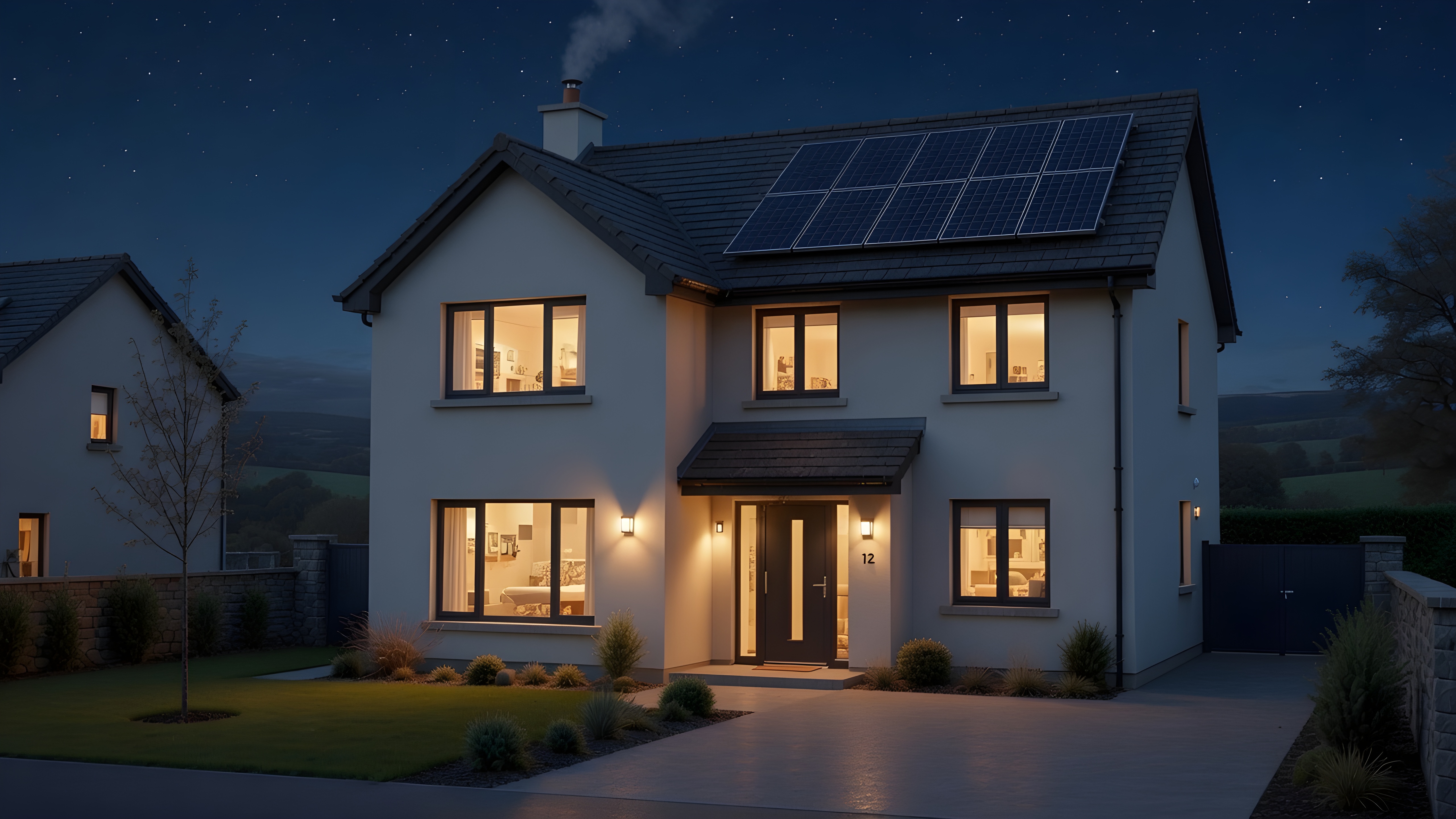 Home with solar panels lit at night