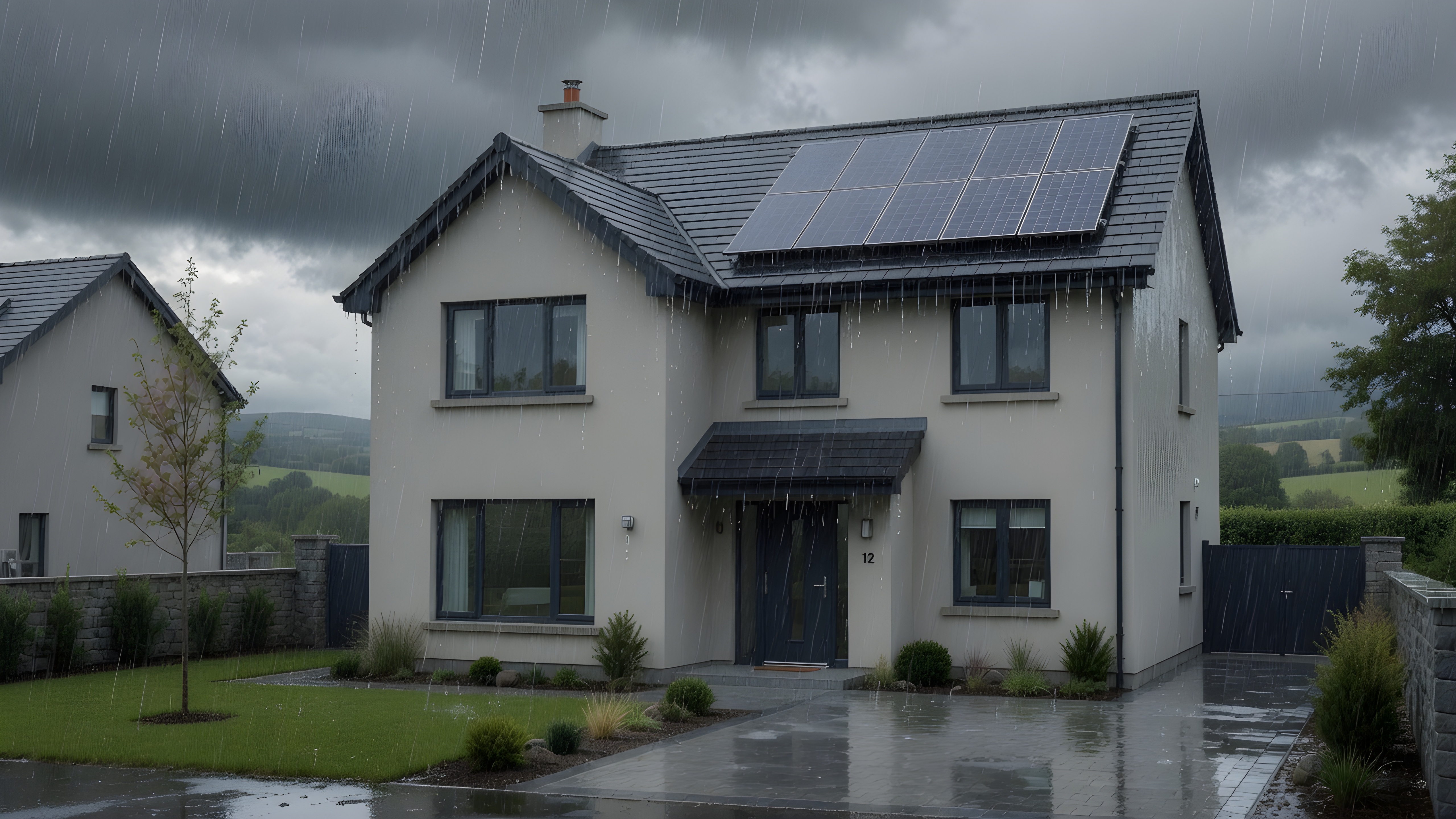 Home with solar panels in the rain