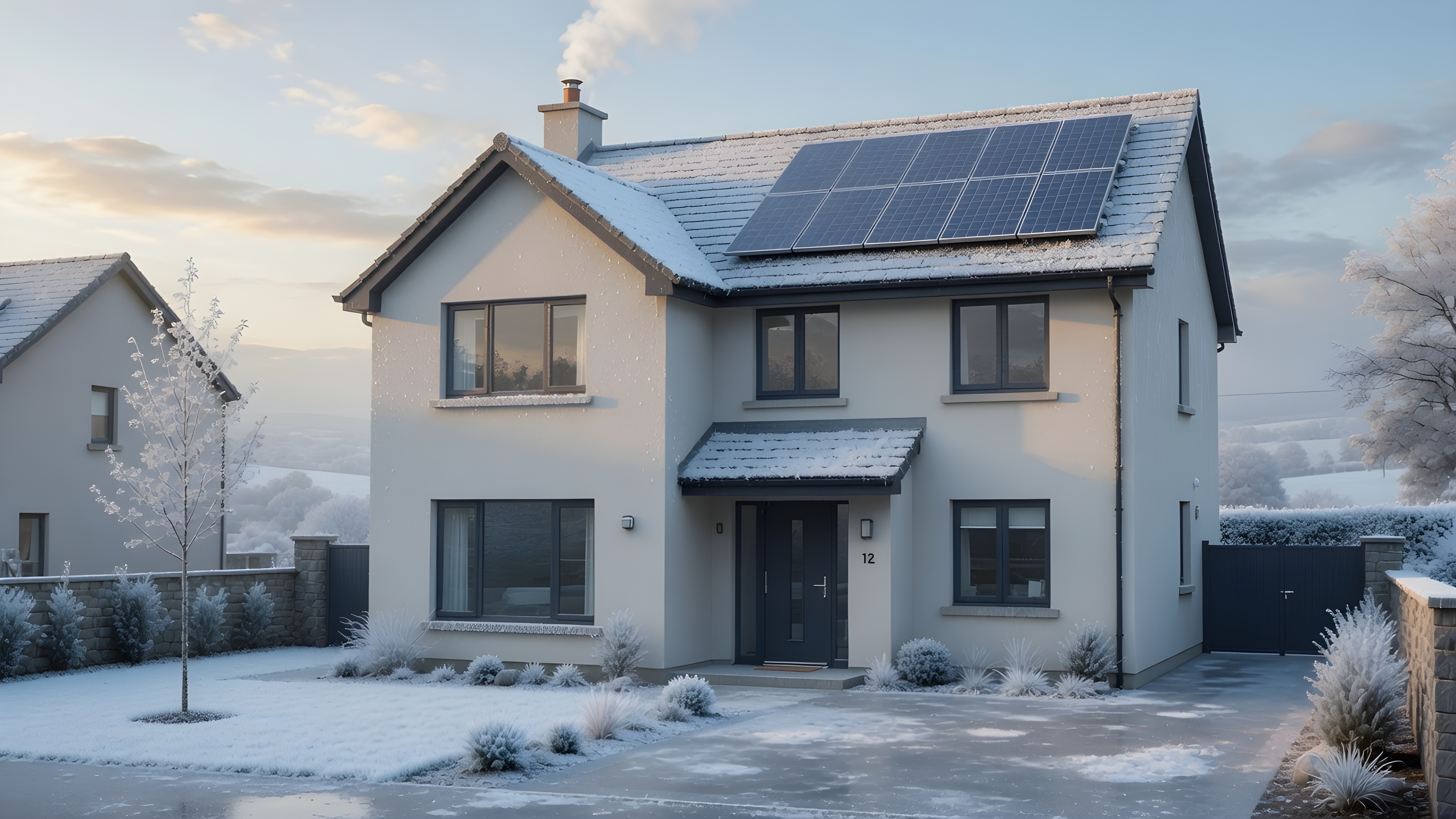 Home with solar panels in winter frost