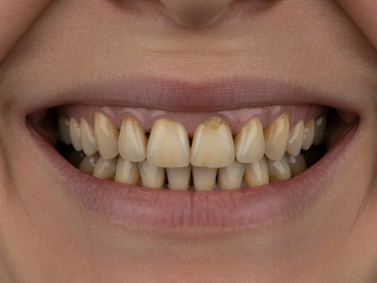 Before: worn, stained and crowded teeth across the arch